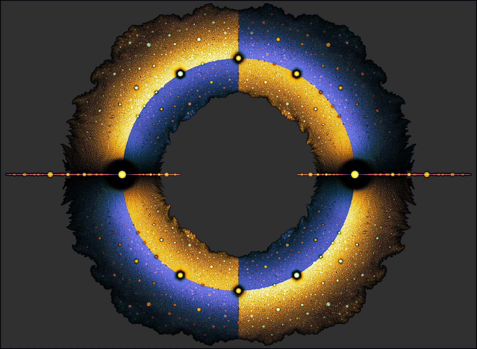 The Beauty of Roots: a gold and blue map of polynomial roots with fine branching detail and marked algebraic landmarks.