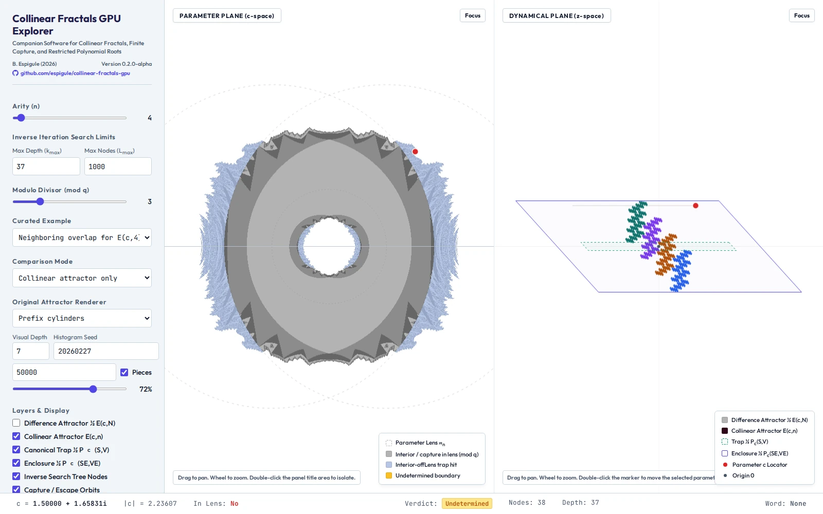 Collinear fractals explorer with linked parameter and dynamical planes.