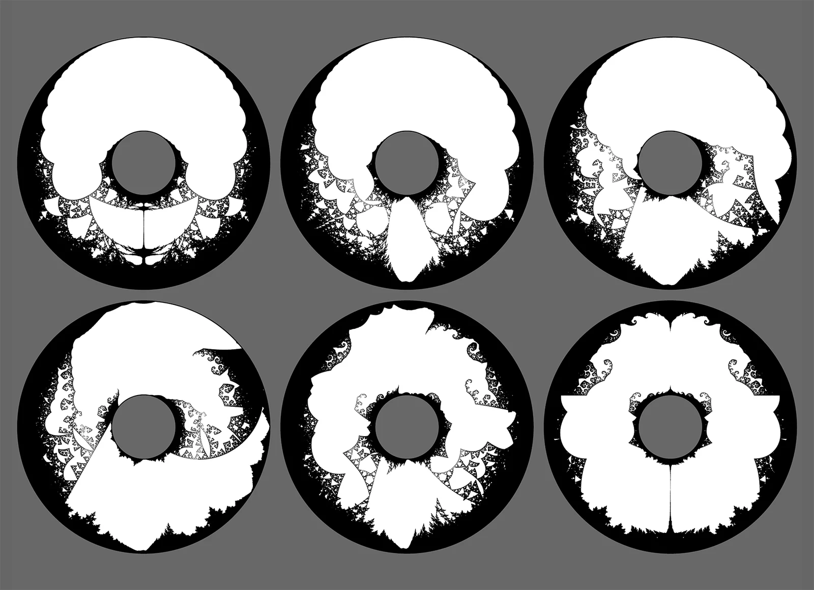 Six black-and-white configurations from a parameter-space animation, with related circular boundaries and changing internal branches.