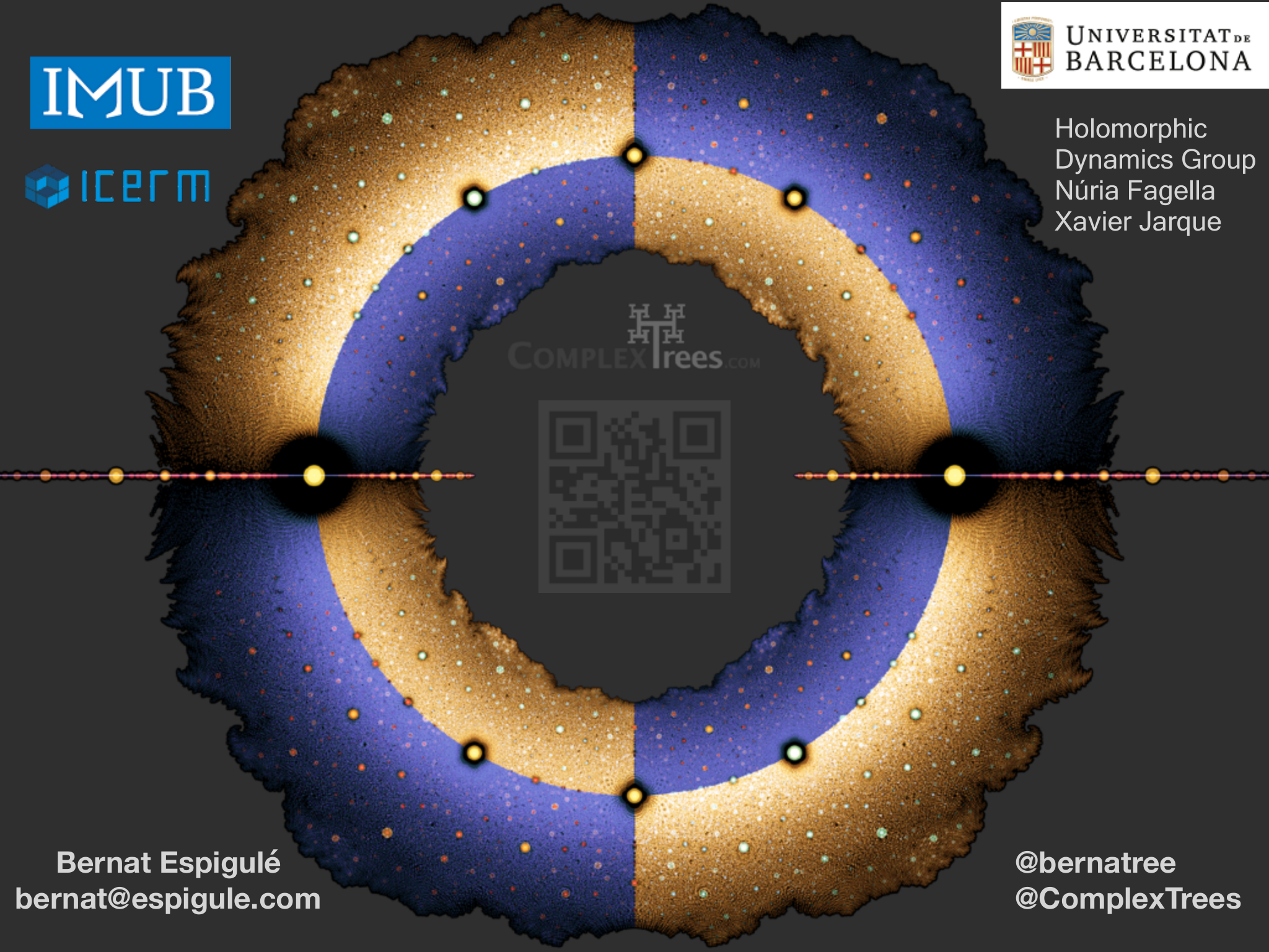 Slide 1: Holomorphic Dynamics Group Núria Fagella Xavier Jarque @bernatree . @ComplexTrees Bernat Espigulé bernat@espigule.com