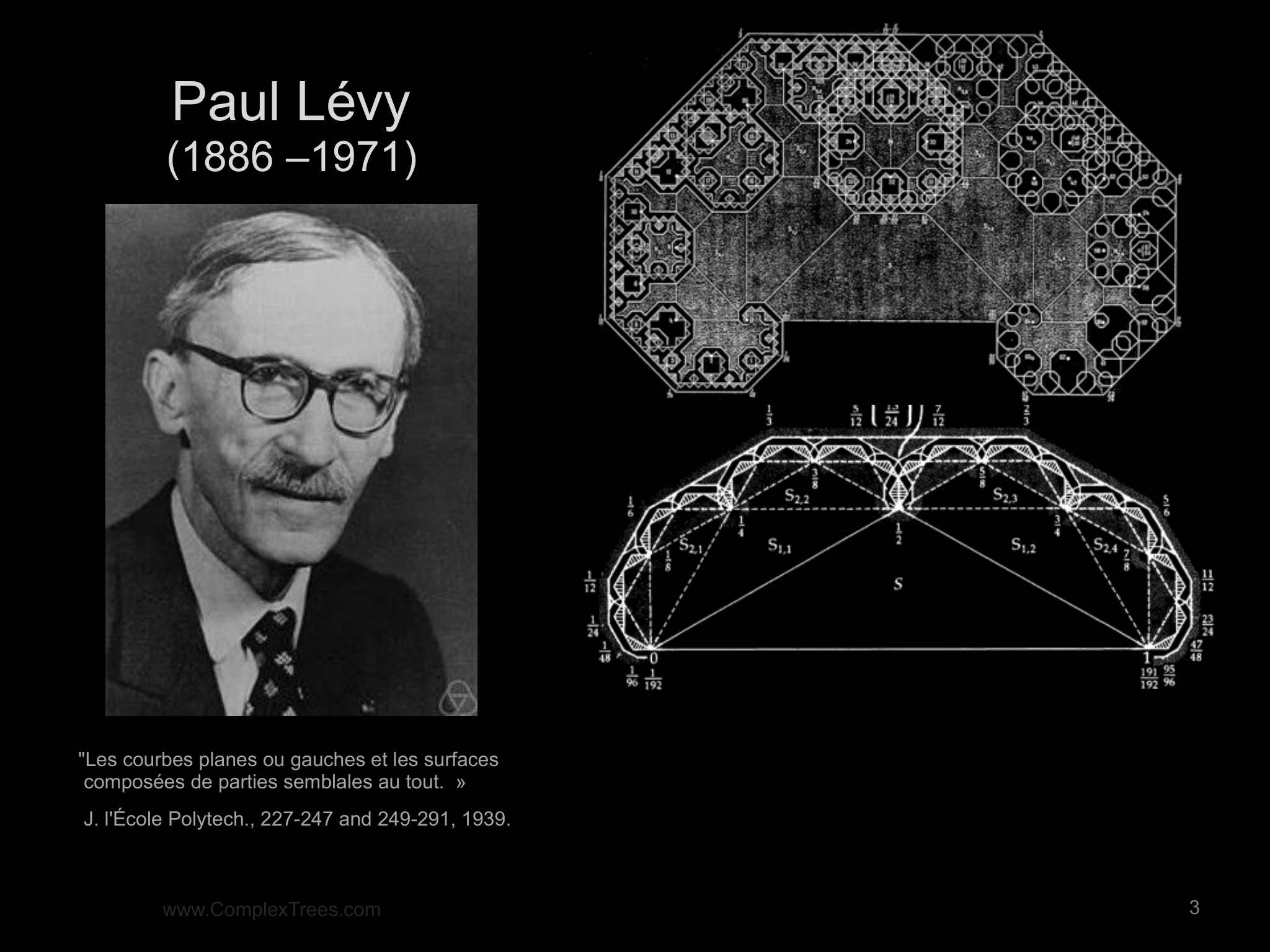 Slide 3: www.ComplexTrees.com ￼ \"Les courbes planes ou gauches et les surfaces composées de parties semblales au tout. » J. l'École Polytech., 227-247 and 249-291, 1939. Paul Lév